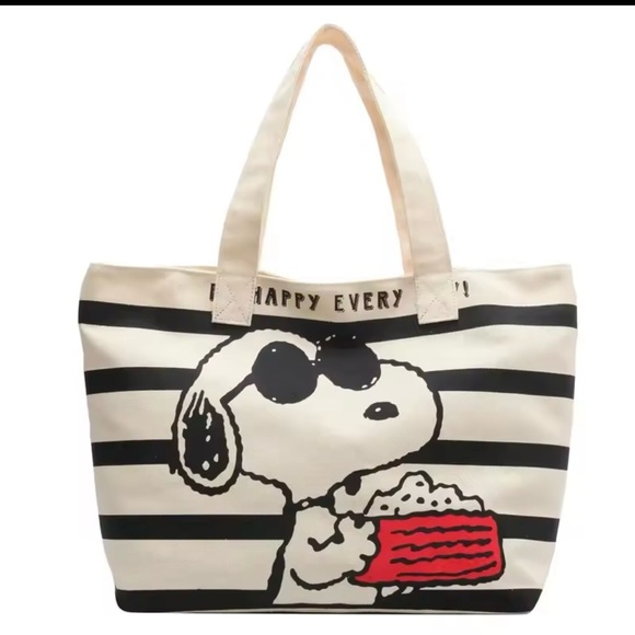Handbags - Snoopy Striped Tote Bag - Black and White